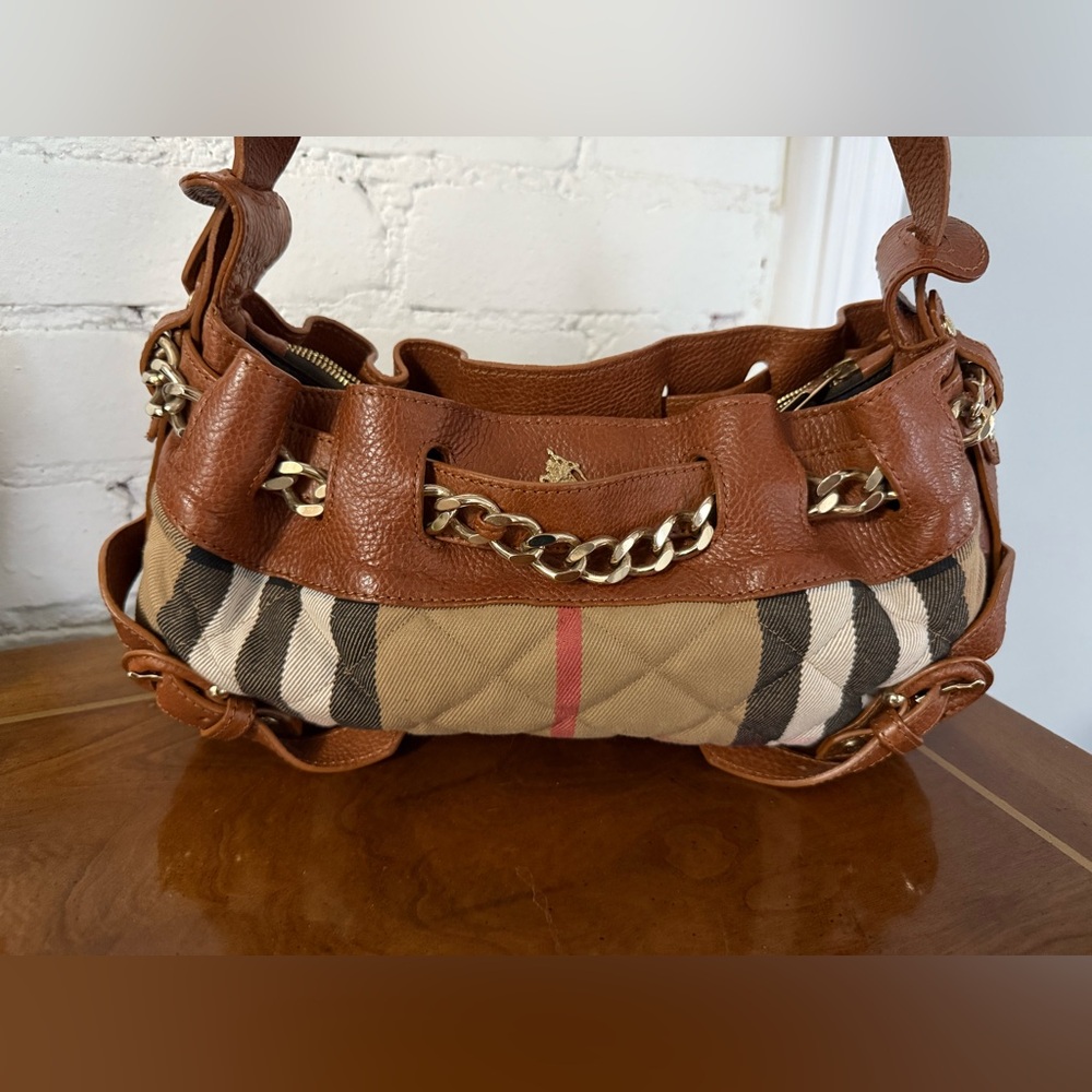 Authentic Burberry Quilted Leather Nova Check Chain Shoulder Bag